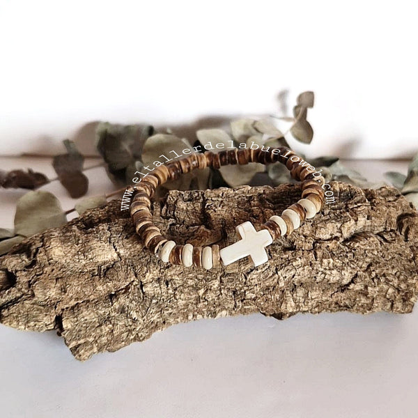 PULSERA CRUZ MADERA DE COCO